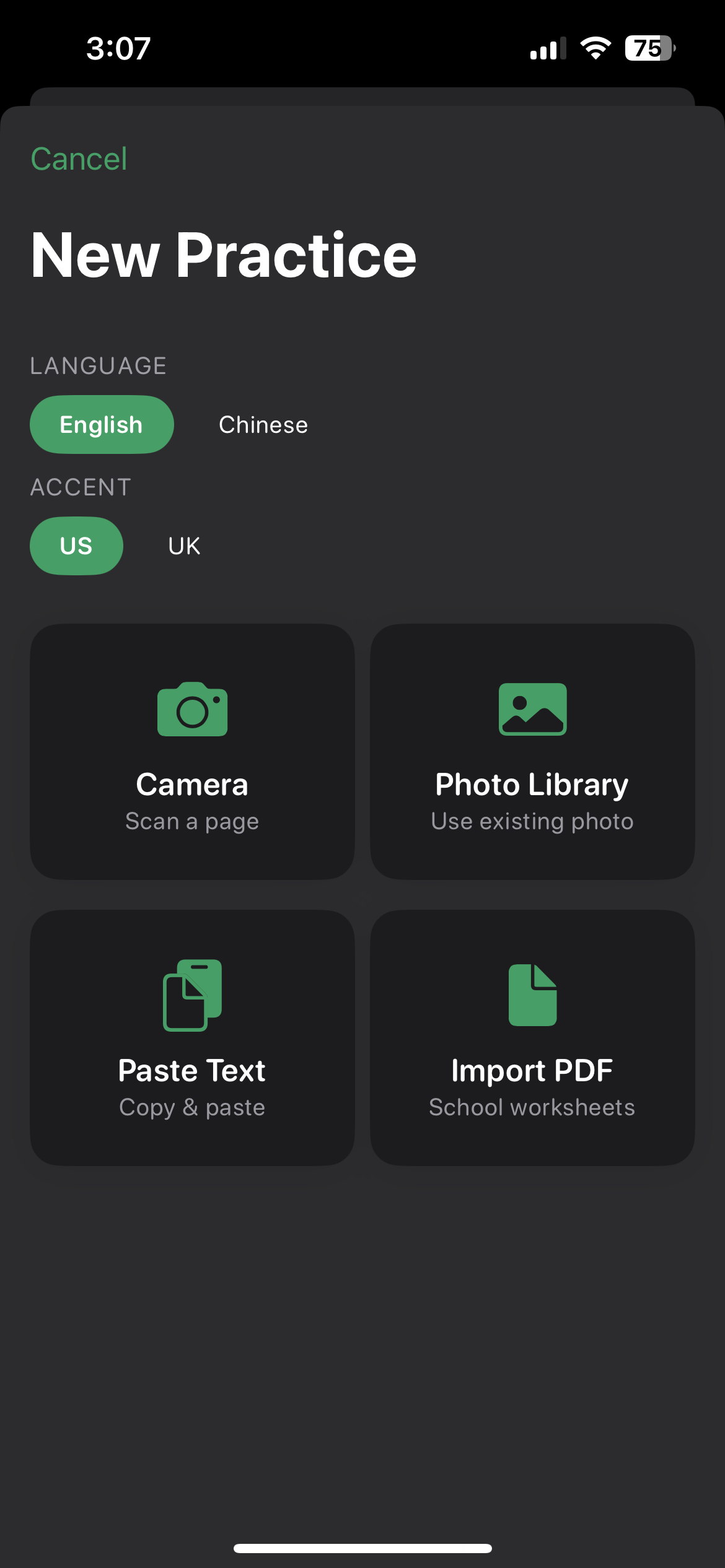 Choose how to input your text — camera, photo library, paste, or PDF