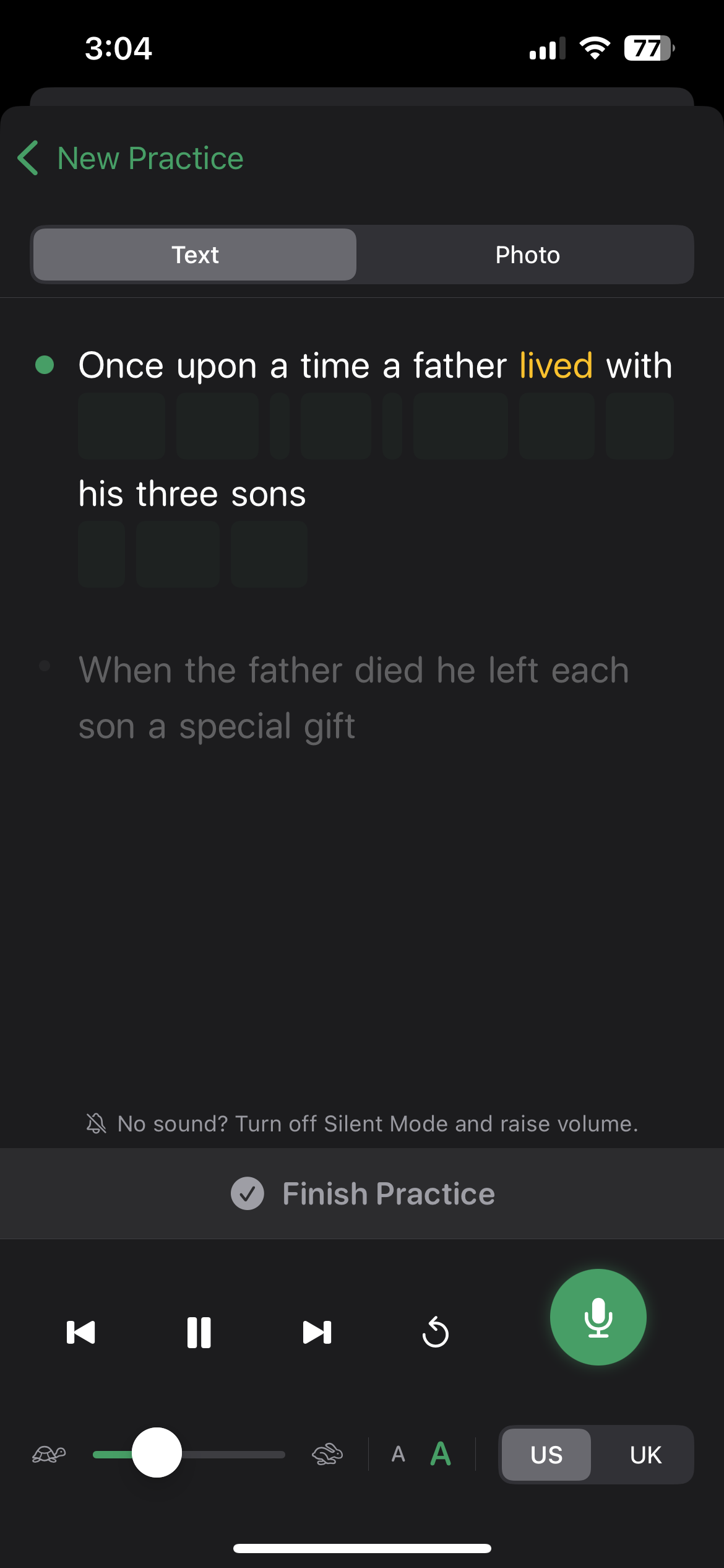 Words highlight one by one as the app reads the passage aloud
